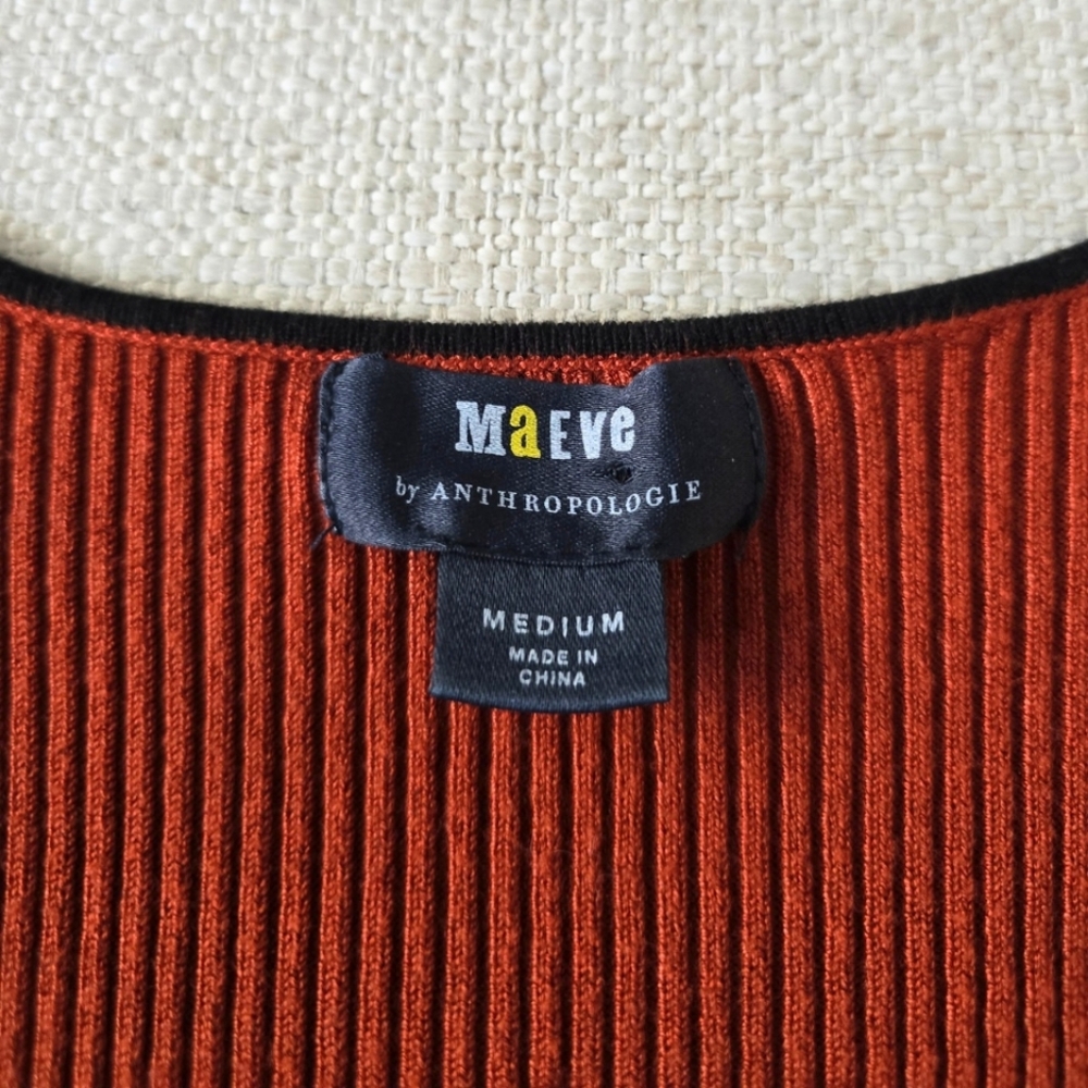 Maeve Anthropologie Ribbed Knit Top Square Neck Rust Orange Medium Puff Sleeve - Picture 3 of 4